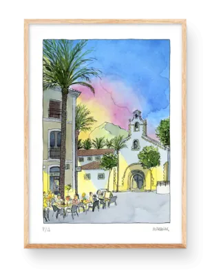 Illustration in acaurela of a sunset in a square in the town of Javea in the Marina Alta, Alicante. In the background a landscape of the Montgó. Marroiak