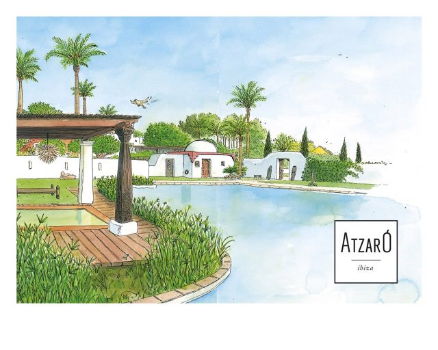 Ilustración de Ibiza realizado en acuarela del hotel rural de lujo Hotel Atzaró en la isla de Eivissa. Baleares (España). Paisajes del mar mediterráneo.