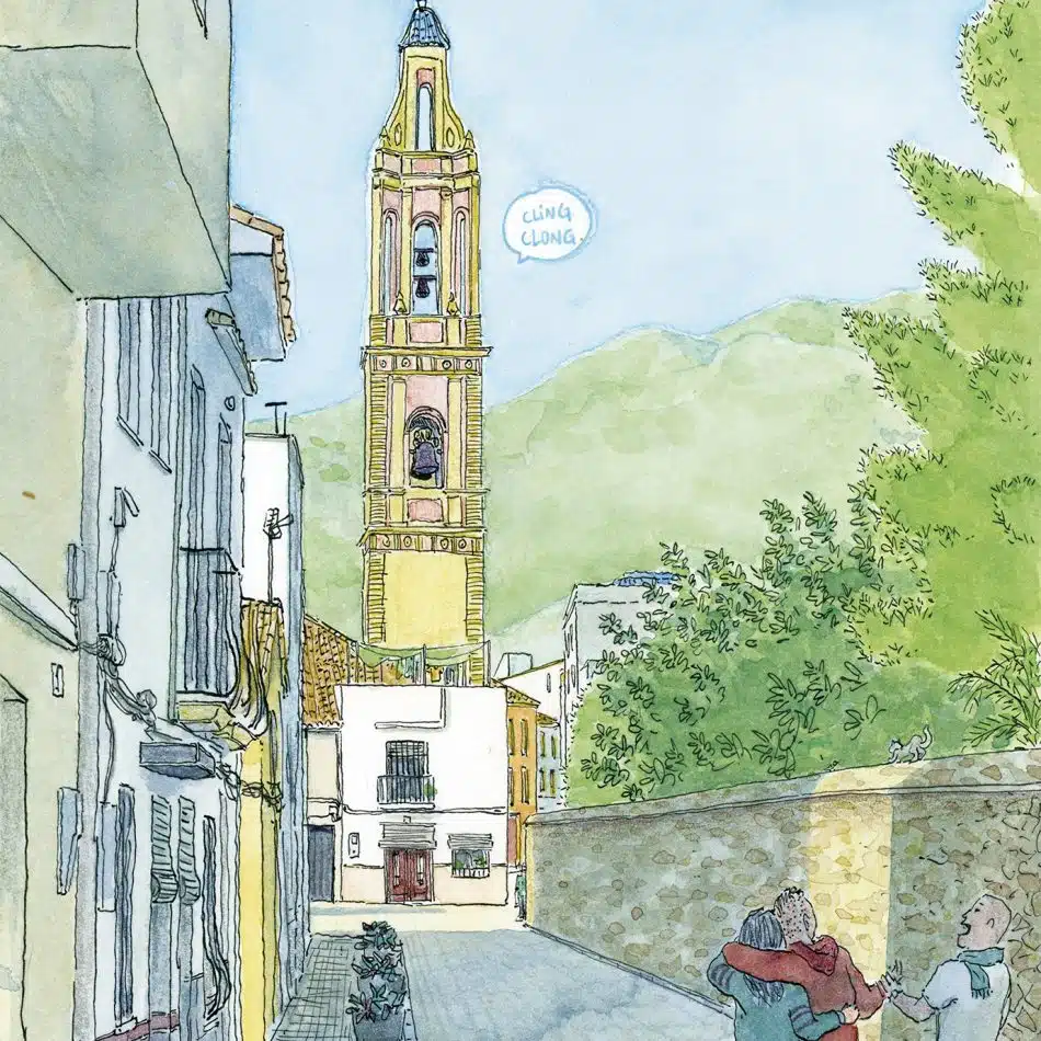 Ilustración con dibujo de escena costumbrista en el municipio de Benirredrà junto a Gandia. La Safor (Valencia). Pueblos de La Safor