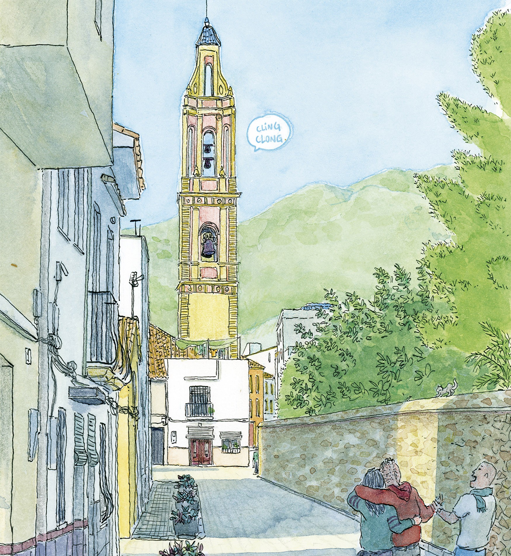 Ilustración con dibujo de escena costumbrista en el municipio de Benirredrà junto a Gandia. La Safor (Valencia). Pueblos de La Safor