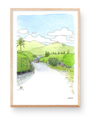 Drawing of the cami de les bruixes in Oliva (Valencia) with orange fields and "collidors de taronja".