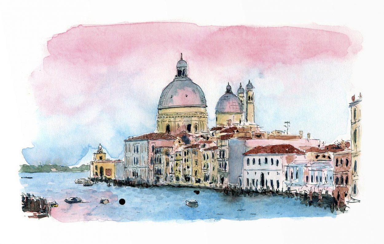 Dibujo en tinta y acuarela de un atardecer en un canal de Venecia. Ilustración urban sketchers.