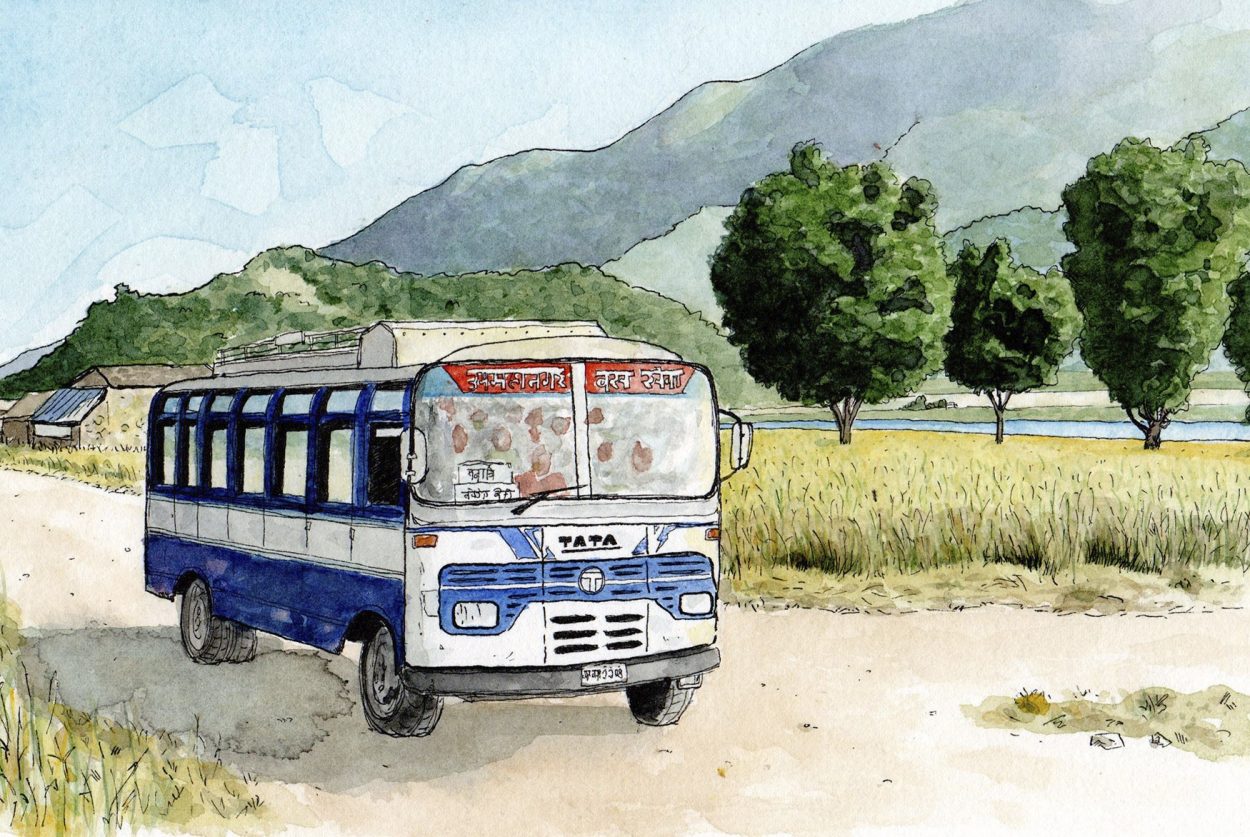 Lámina dibujo autobús a Pokhara en Nepal. Ilustración de viaje en acuarela