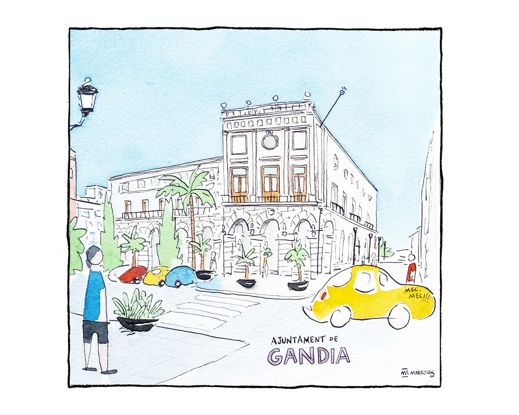 Ilustración en acuarela y tinta del Ayuntamiento de Gandía, La Safor (Valencia). Dibujo estilo urban sketchers