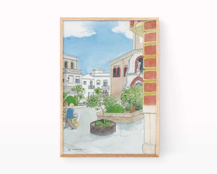 Dibujo en acuarela pueblo Bellreguard en la Safor, Valencia