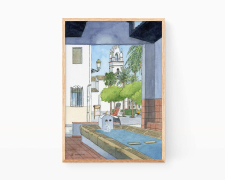Print with a watercolor illustration of the washhouse and church of Benifaró de la Valldigna in La Safor, Valencia. Urban landscapes