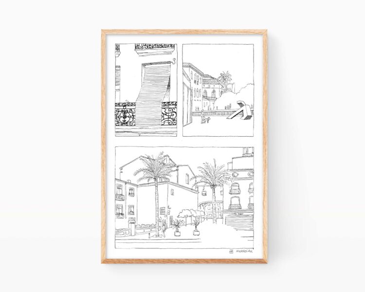 Dibujo blanco y negro estilo cómic con lugares del Raval en Gandia