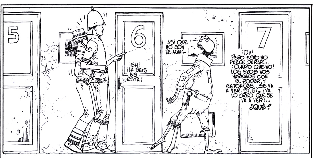 Dibujo de personajes en blanco y negro de un cómic de Moebius
