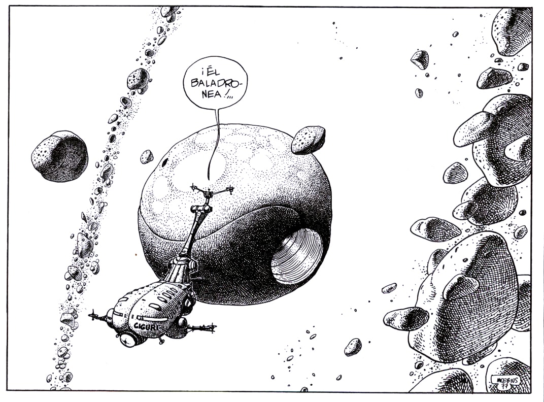 Dibujo de una nave en blanco y negro de un cómic de Moebius