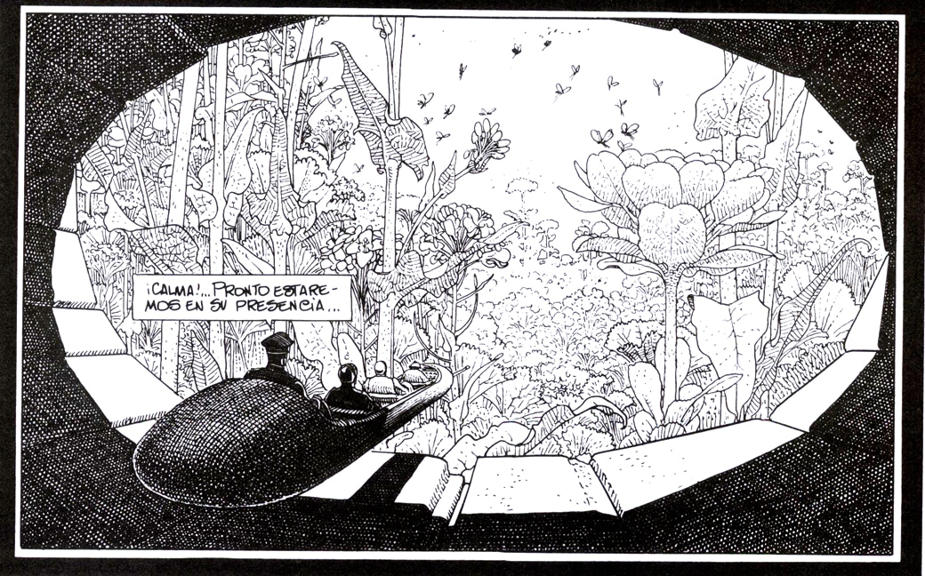 Dibujo ciencia ficción en blanco y negro de un cómic de Moebius