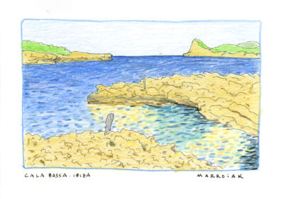 drawing cala bassa. Art postcard in ibiza