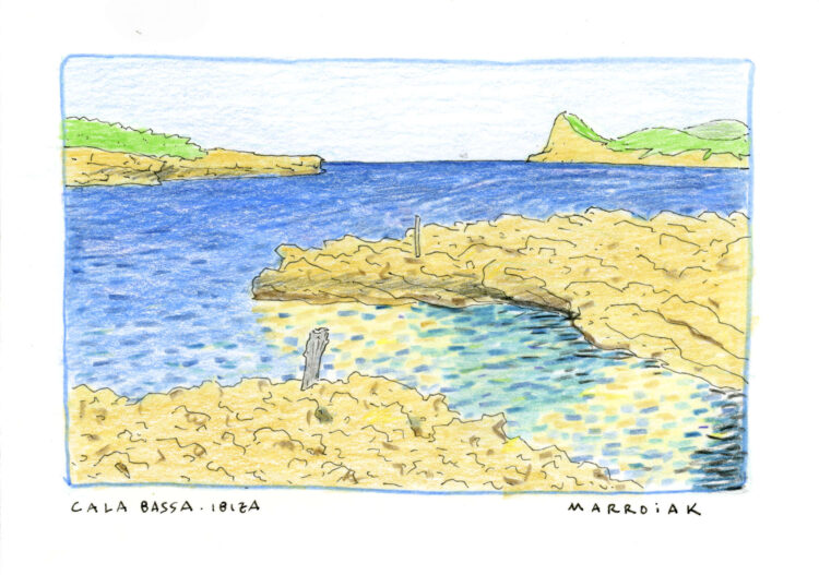 dibujo cala bassa. Postal de arte en ibiza