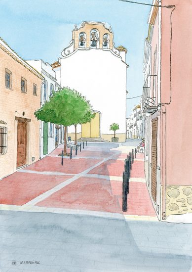 Acuarela de Daimuz (Daimús) en La Safor, Valencia. Paisajes estilo urban sketchers