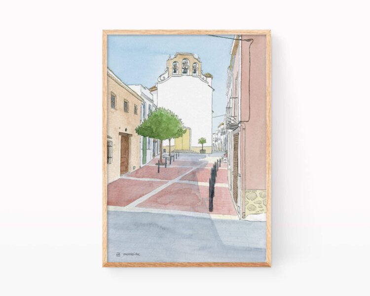 Dibujo en acuarela de Daimuz (Daimús) en La Safor, Valencia. Paisajes estilo urban sketchers