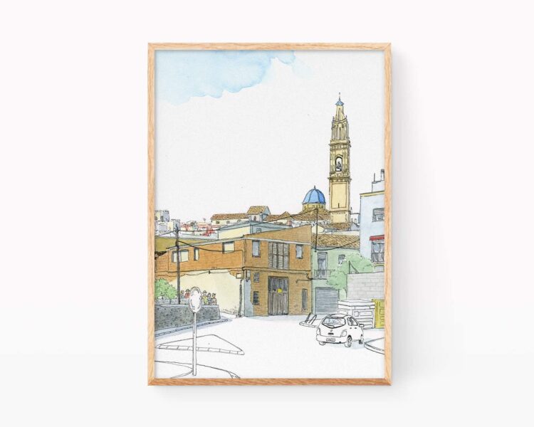 Dibujos de La Safor en Valencia. Ilustración en acuarela de la entrada al pueblo de La Font d´en Carrós con la iglesia de fondo. Bocetos de España estilo urban sketchers. Pueblos de La Safor