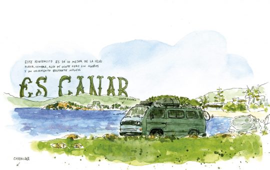 Dibujo de Ibiza. Una furgoneta en la playa de Es Canar frente a Xirincana. Láminas de acuarelas de las Islas Baleares.