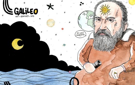 Dibujo con un retrato del científico Galileo Galilei