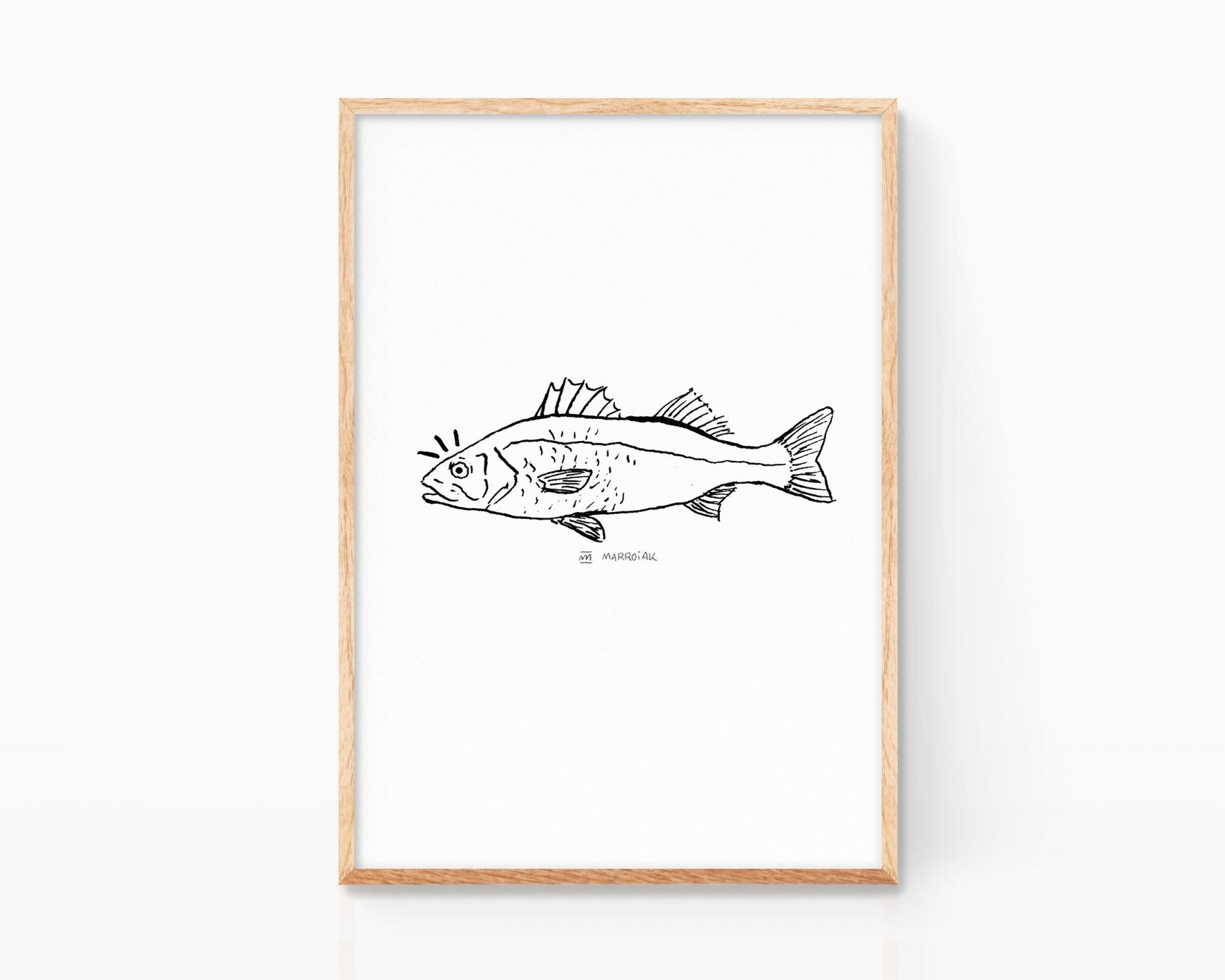 Cuadro decorativo de un pez lubina en blanco y negro. Ilustración en tinta sobre papel. Lámina print calidad museo