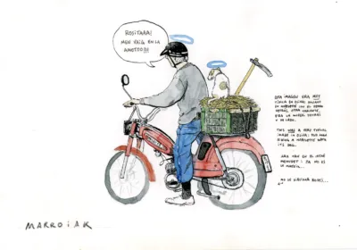 dibujo original abuelo en mobylette subasta