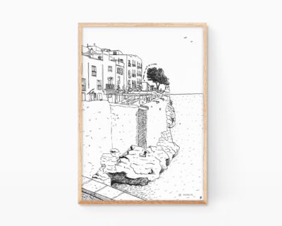 Ilustración decorativa con un paisaje en blanco y negro del municipio de Peñíscola en la provincia de Castellón. Dibujo boceto estilo urban sketchers.