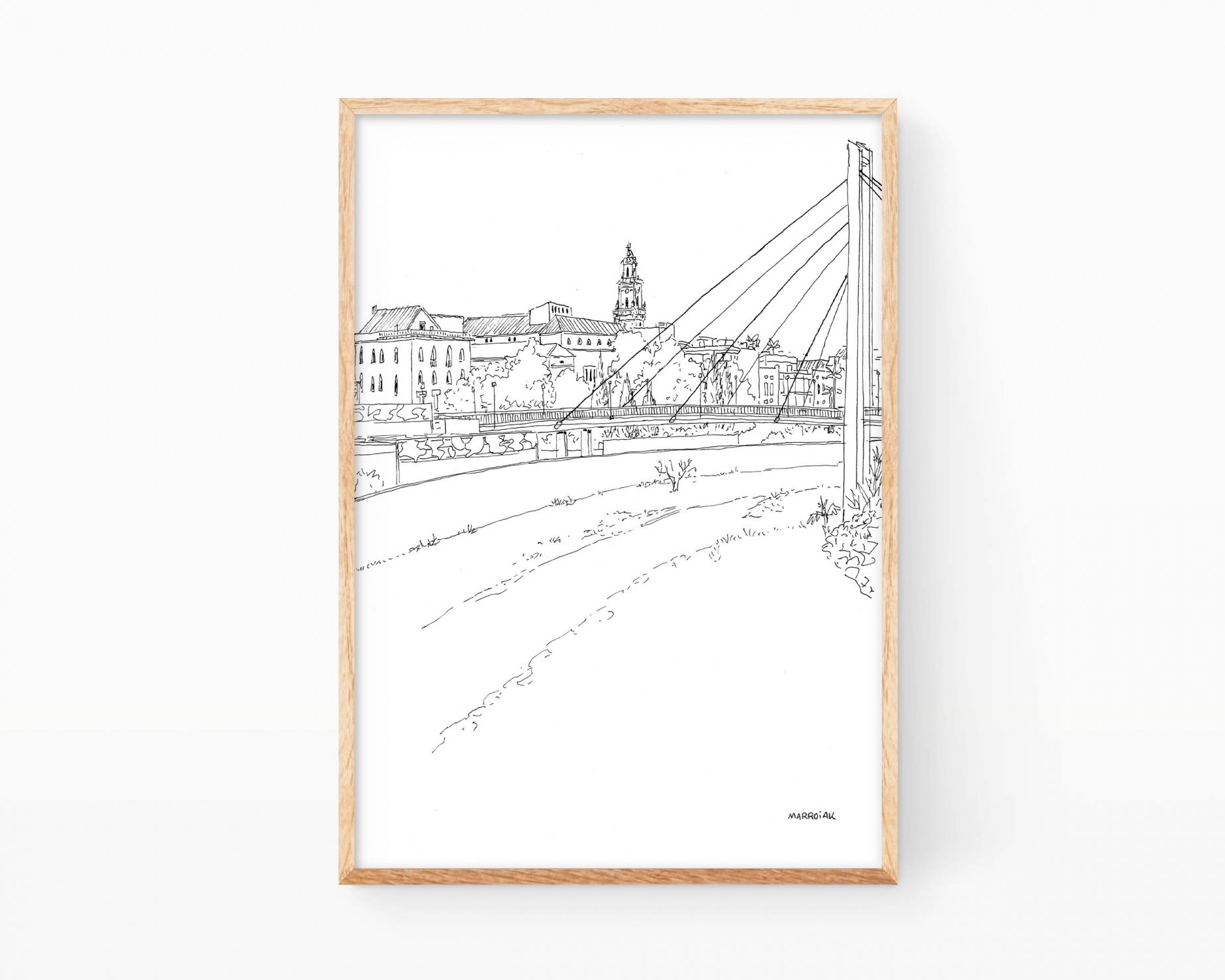 Dibujo en blanco y negro del puente de la ciudad de Gandia (Valencia)