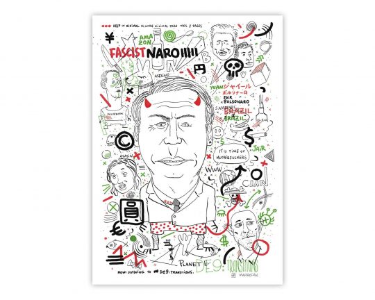 Dibujo con un retrato en blanco, negro, verde y rojo del presidente de Brasil Bolsonaro