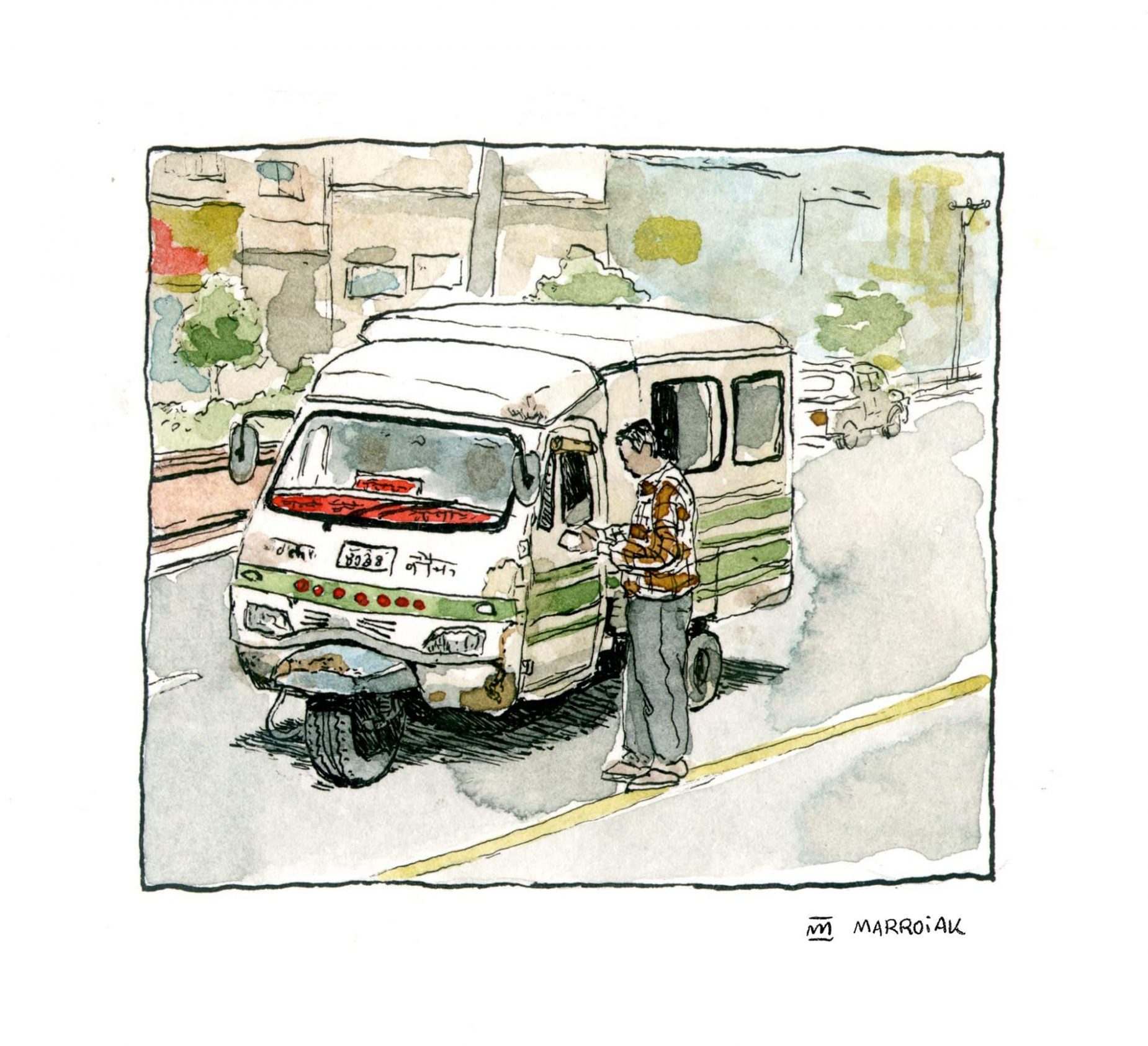 dibujo vehículo tempo nepal katmandú. Escena urbana calle