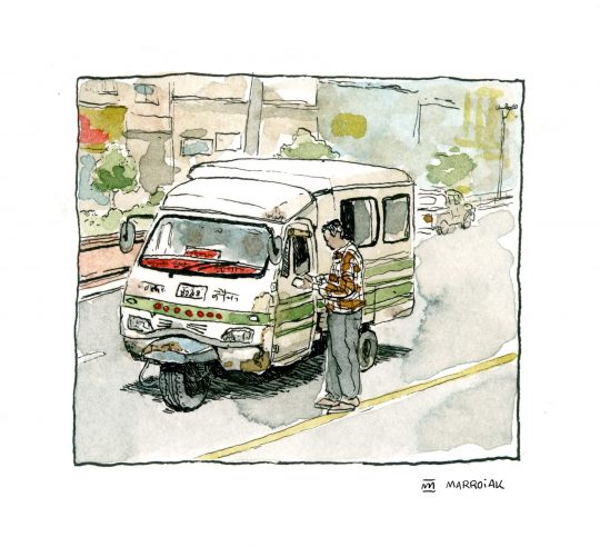 dibujo vehículo tempo nepal katmandú. Escena urbana calle