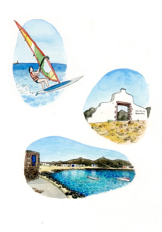 Ilustraciones de la isla de Fuerteventura en las Islas Canarias, surf, arquitectura y playas