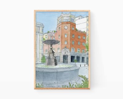 Drawings of Gandia in La Safor (Valencia). Watercolor of the Paseo Germanías with an illustration of the Caixa Bank building and fountain. Urban sketchers style landscapes in Spain
