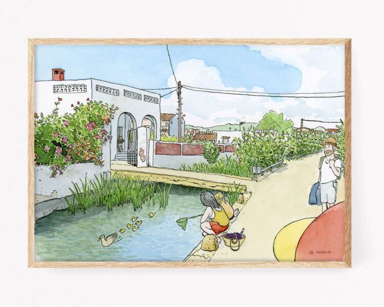 Dibujos de pueblos y playas de valencia. Lámina para enmarcar con una acuarela del cami de terranova en la platja de oliva (La Safor). Ukiyo-e contemporáneo.