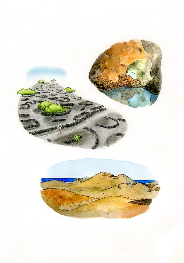 Ilustración del patrimonio natural de la isla de Lanzarote en las islas canarias. Cuevas, desiertos y montañas