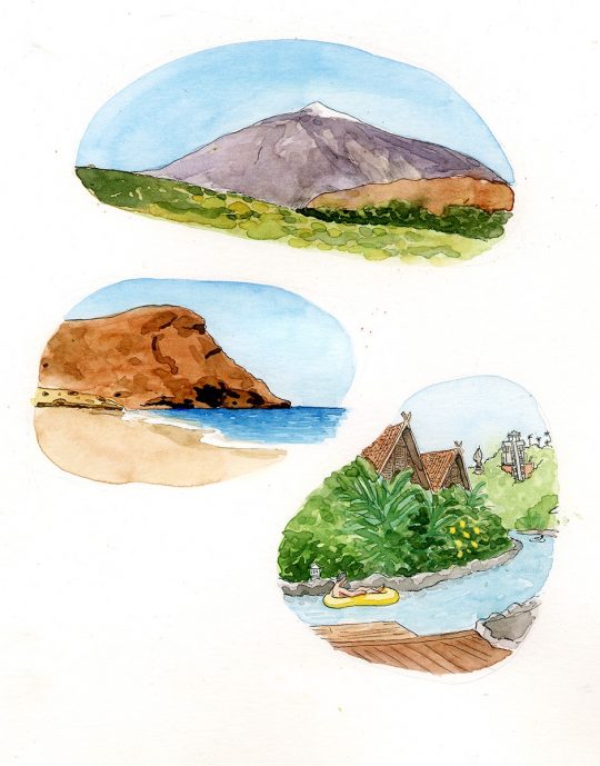Ilustraciones del patrimonio natural de la islas de Tenerife en las Islas Canarias. El Teide, playas y bosques
