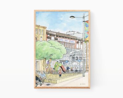 Dibujos de Gandia. Parque de los palomitos en el centro histórico de la ciudad con el Gran Cine Royalty al fondo. Cuadro para enmarcar con ilustración en acuarela