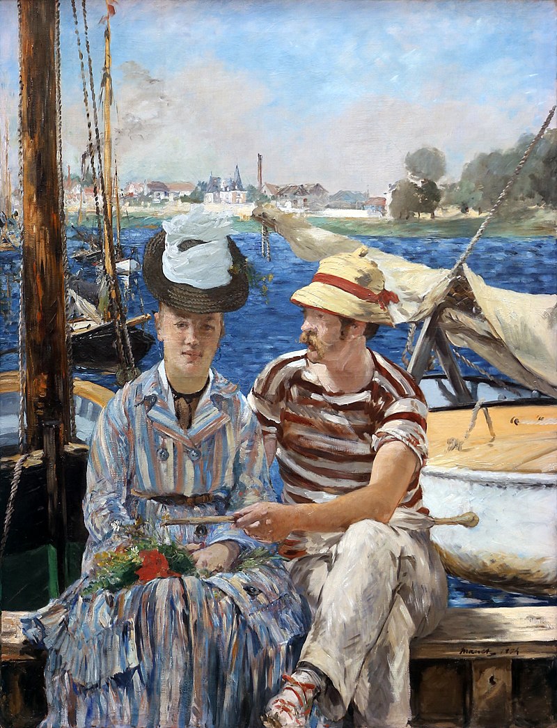 Cuadro impresionista del artista pintor Edouard Manet. Una pareja de hombre y mujer en un bote en un río de Francia. Arte vintage del siglo XIX y XX