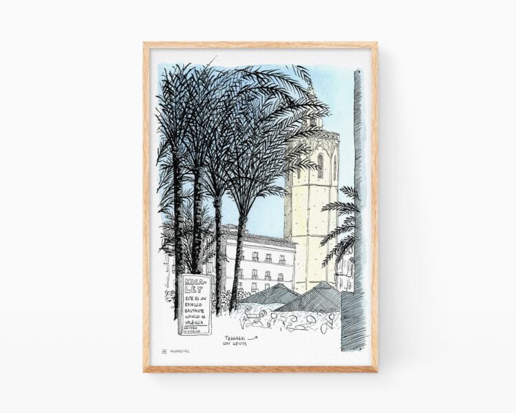 Láminas (prints) de Valencia. Ilustración en acuarela y tinta del Micalet en la ciudad del Turia. Ilustración de un paisaje decorativa para enmarcar
