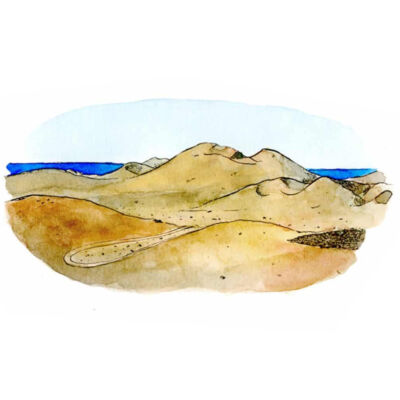 Watercolor drawing of the Timanfaya national park on the island of Lanzarote in the Canary Islands.
