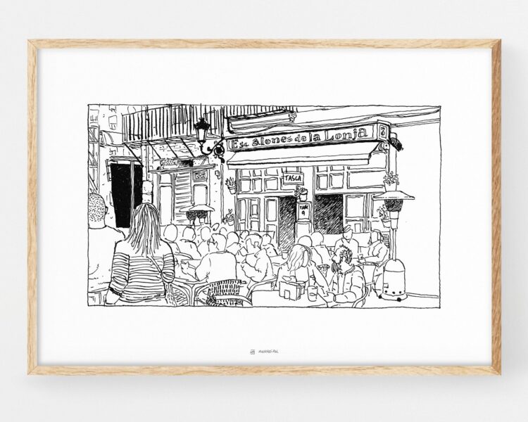 Cuadro con un boceto de los escalones de la lonja en la ciudad de valencia. Dibujo rápido. Ilustraciones urbanas. Bar