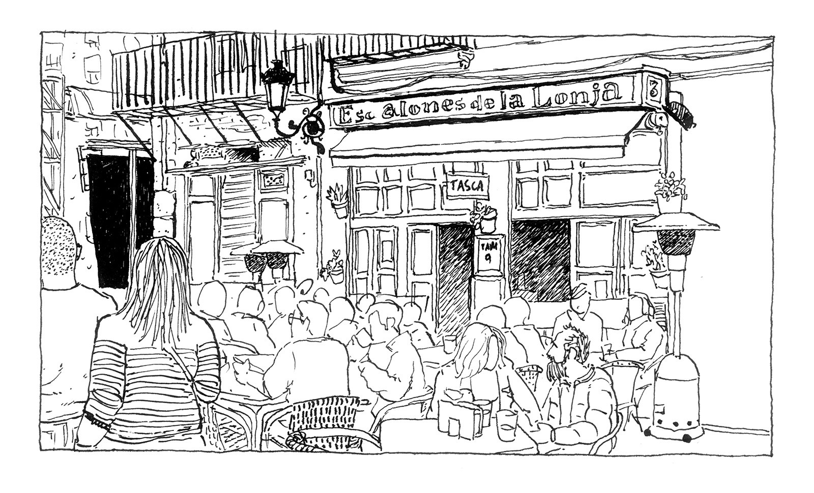 Dibujo en blanco y negro del bar Los Escalones de la lonja en Valencia