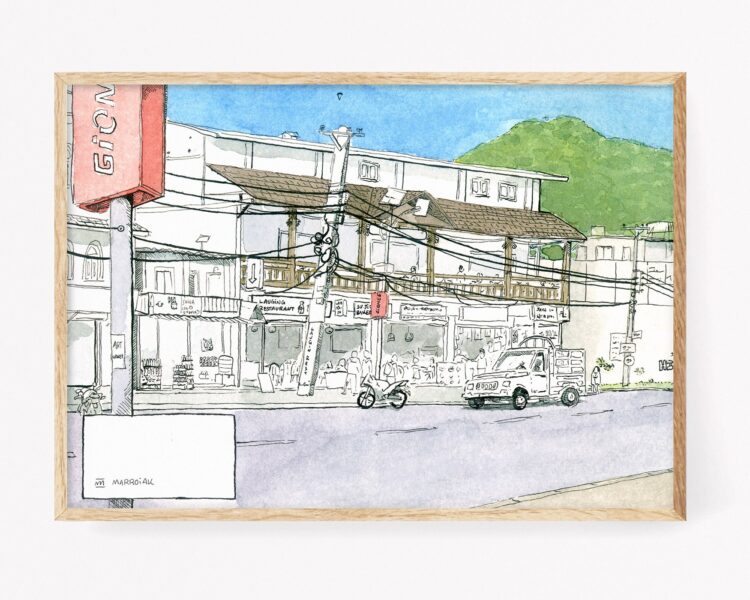 Dibujo Fewa Laker y River Side en Pokhara, Nepal. Tiendas para turistas de trekking.