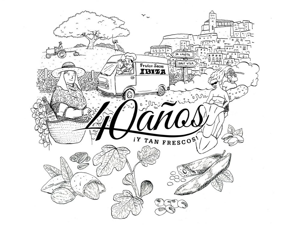 Diseño de ilustración para el 40 aniversario de Frutos Secos Ibiza