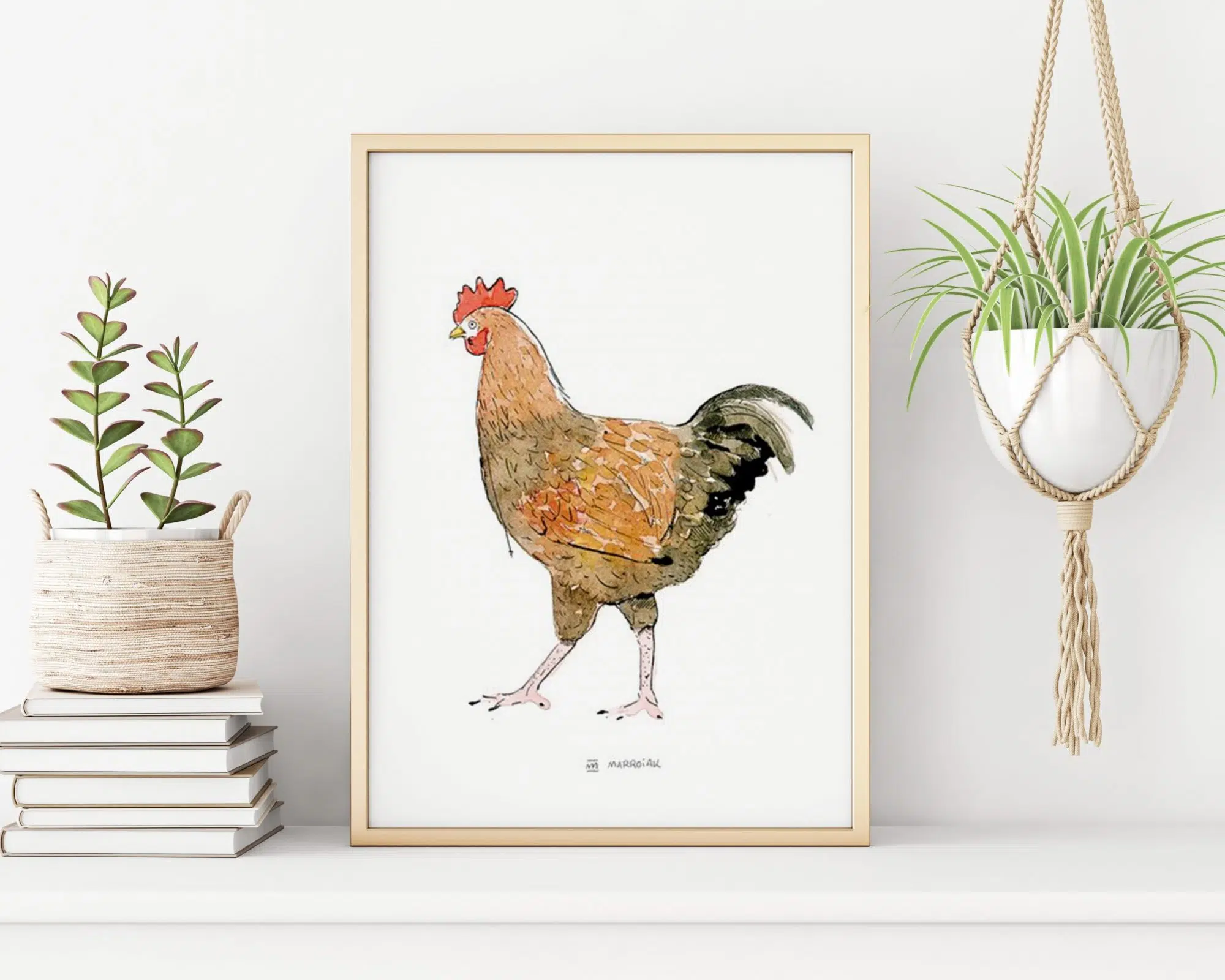 Lámina con la ilustración en acuarela de una gallina. Decoración para la cocina y restaurante. Dibujo pollo.