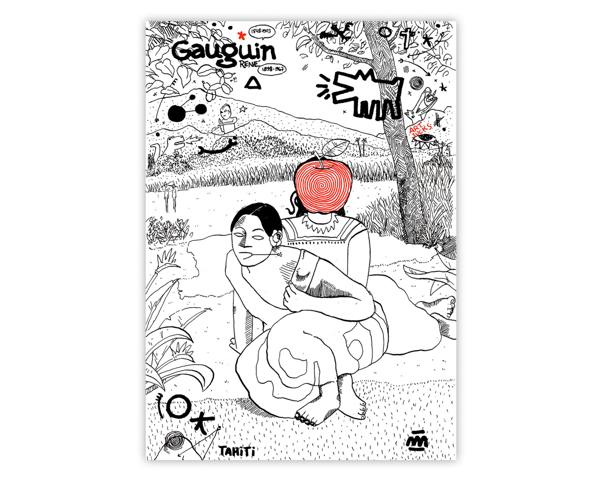 Ilustración con una versión del cuadro de Gauguin y una manzana de Magritte. Art Meixes