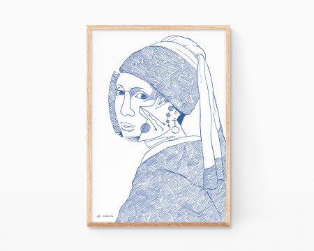 Cuadro La joven de la perla de Johannes Vermeer. Lámina decorativa para enmarcar con un retrato de una chica en estilo cubista. Ilustración en azul sobre blanco. Dibujo minimalista para decoración de salón y pasillos. Estilo moderno y cubista. Arte contemporáneo.