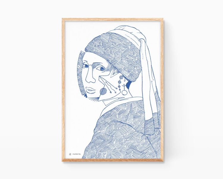 Cuadro La joven de la perla de Johannes Vermeer. Lámina decorativa para enmarcar con un retrato de una chica en estilo cubista. Ilustración en azul sobre blanco. Dibujo minimalista para decoración de salón y pasillos. Estilo moderno y cubista. Arte contemporáneo.