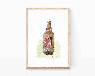 Decorative pictures of Nepal. Print for framing with an ink and watercolor drawing of the Nepalese beer Gorka. Exotic decoration of India and Nepal for kitchens, restaurants and breweries. Illustration of beers of the world, Namaste...