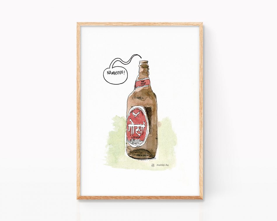 Lámina con un dibujo en tinta y acuarela de una cerveza Gorka. Cuadro decorativo para cocinas, restaurantes y cervecerías. Cervezas exóticas.