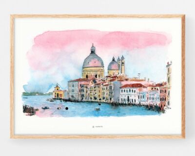 Decorative painting with an illustration of a landscape of the Grand Canal in the city of Venice (Italy). Print with a drawing to frame made in ink and watercolor in rustic style and Urban sketchers. Prints available to buy online. Artistic poster by Marroiak