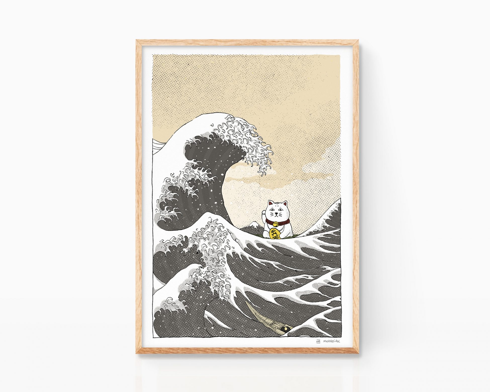 Cuadro decorativo para enmarcar con un dibujo (Print) de estilo ukiyo-e con la Gran ola de Kanagawa de Katsushika Hokusai y añadiendo el gato japonés de la suerte (Maneki Neko). Arte impreso de estampas japonesas contemporáneas.