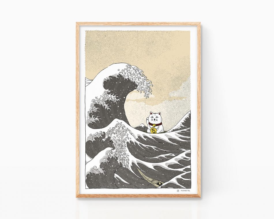 The great wave off kanagawa katsushika hokusai remix. Maneki Neko illustration print. Japanese ukiyo-e cat and ocean